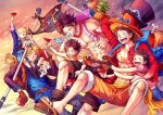  6+boys :d abs aokamei apple belt black_coat black_hair black_shorts blush brothers buzz_cut child coat cup denim feet_out_of_frame flag food freckles fruit hat hug jeans male_focus monkey_d_luffy multiple_boys muscular muscular_male navel one_piece open_clothes open_coat open_mouth open_shirt orange_shorts pants pectorals pineapple pipe portgas_d_ace sabo_(one_piece) sakazuki sandals scar scar_across_eye scar_on_cheek scar_on_chest scar_on_face shirtless short_hair shorts siblings smile straw_hat time_paradox very_short_hair younger 