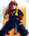  1girl alternate_costume belt black_belt black_pants border brown_eyes brown_hair clenched_hands dougi english_commentary feet_out_of_frame fighting_stance fingerless_gloves gloves headband highres john_crayton kasugano_sakura orange_background outside_border padded_gloves pants pants_rolled_up red_gloves red_sports_bra short_hair solo sports_bra standing street_fighter street_fighter_v uniform white_border white_headband 