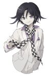  1boy asuna_(doruru-mon) bangs black_hair breast_pocket checkered checkered_floor checkered_neckwear checkered_scarf closed_mouth commentary_request cowboy_shot cropped_legs danganronpa_(series) danganronpa_10th_anniversary_costume danganronpa_v3:_killing_harmony grey_background hair_between_eyes hand_in_pocket hand_up highres jacket long_sleeves looking_at_viewer male_focus multicolored_hair official_alternate_costume open_clothes ouma_kokichi pants pocket purple_eyes purple_hair purple_shirt scarf shirt simple_background smile solo white_jacket white_pants 