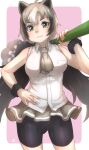  1girl animal_ear_fluff animal_ears ass_visible_through_thighs bangs bear_ears bear_paw_hammer bear_tail bike_shorts black_hair breasts brown_eyes commentary_request cowboy_shot extra_ears ezo_brown_bear_(kemono_friends) gradient_hair grey_hair grey_neckwear grey_skirt hand_on_hip highres kemono_friends light_smile long_hair looking_at_viewer low_twintails medium_breasts miniskirt multicolored_hair over_shoulder pink_background shirt simple_background skirt sleeveless sleeveless_shirt solo tail thin_(suzuneya) twintails weapon weapon_over_shoulder white_shirt wing_collar 