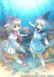  2girls akitsu_taira anchor_symbol aqua_hair blowhole blue_dress blue_hair chinese_white_dolphin_(kemono_friends) commentary_request common_bottlenose_dolphin_(kemono_friends) dolphin_tail dorsal_fin dress eyebrows_visible_through_hair frilled_dress frills grey_hair hair_tie kemono_friends kemono_friends_3:_planet_tours multicolored_hair multiple_girls neckerchief necktie octopus official_art orange_hair pink_hair red_footwear red_neckwear sailor_collar sailor_dress short_hair short_sleeves smile swimming underwater white_dress white_footwear white_neckwear 
