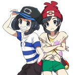  1boy 1girl aoaomzir bag baseball_cap beanie black_hair black_headwear brown_pants closed_mouth commentary_request cosplay costume_switch crossed_arms elio_(pokemon) elio_(pokemon)_(cosplay) eyelashes floral_print green_shorts grey_eyes grin hand_in_pocket hand_on_headwear hat highres light_blush looking_at_viewer pants pokemon pokemon_(game) pokemon_sm red_headwear selene_(pokemon) selene_(pokemon)_(cosplay) shirt short_shorts short_sleeves shorts smile striped striped_shirt tied_shirt yellow_shirt 