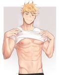  1boy abs absurdres bara bare_pecs blonde_hair granblue_fantasy highres lifted_by_self looking_at_viewer male_focus navel nipples pectorals shirt shirt_lift short_hair solo spiked_hair stomach toned toned_male upper_body vane_(granblue_fantasy) wet white_shirt zhineart 