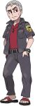 1boy belt closed_mouth eyeshadow flip-flops full_body grey_hair half-closed_eyes hand_in_pocket highres island_kahuna jacket jewelry makeup male_focus nanu_(pokemon) necklace official_art open_clothes open_jacket pants pokemon pokemon_(game) pokemon_sm red_eyes red_shirt sandals shirt short_sleeves solo standing sugimori_ken toes transparent_background z-ring 