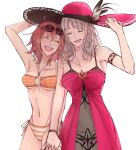  2girls ahoge arm_up armlet bangs bare_shoulders bikini blunt_bangs breasts brilliant_summer carmilla_(fate) carmilla_(swimsuit_rider)_(fate) cleavage closed_eyes collarbone commentary_request cowboy_shot curly_hair dress eyebrows_visible_through_hair eyewear_on_head fate/grand_order fate_(series) fujimaru_ritsuka_(female) hair_between_eyes happy hat highres holding holding_clothes holding_hands holding_hat hollomaru interlocked_fingers medium_hair multiple_girls o-ring o-ring_bikini open_mouth orange_bikini orange_hair pink_dress pink_headwear side-by-side silver_hair simple_background sun_hat sunglasses swimsuit white_background yuri 
