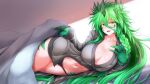  1girl :d bangs black_panties blanket blush braid breasts claws cleavage collarbone commentary_request dragon_girl dragon_horns dragon_tail eyebrows_visible_through_hair g_(desukingu) green_eyes green_hair green_tail grey_shirt groin hair_between_eyes hand_on_own_chest heterochromia highres horns karutia large_breasts long_hair long_sleeves looking_at_viewer lying midriff monster_girl navel on_side open_mouth original pajamas panties partially_unbuttoned red_eyes scar scar_on_stomach shirt sidelocks smile solo tail under_covers underwear very_long_hair 