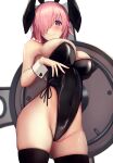  1girl animal_ears bangs bare_shoulders black_legwear black_leotard blush breasts bunny_ears cleavage covered_navel fate/grand_order fate_(series) hair_over_one_eye highleg highleg_leotard highres large_breasts leotard light_purple_hair looking_at_viewer mash_kyrielight playboy_bunny purple_eyes shield short_hair smile strapless strapless_leotard thighhighs thighs untue wrist_cuffs 