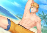  1boy abs absurdres arm_behind_head armpits bara bare_pecs beach blonde_hair bulge day feet_out_of_frame granblue_fantasy highres male_focus male_swimwear muscular muscular_male navel nipples official_alternate_costume orange_male_swimwear outdoors pectorals shiny shiny_skin short_hair sitting solo spiked_hair spread_legs stomach swim_briefs swimwear thick_thighs thighs vane_(granblue_fantasy) zhineart 
