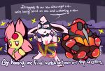  1-upclock absurd_res ambiguous_gender anthro bottomwear bow_tie buzzwole cherrim clothing dialogue english_text group hi_res mask nintendo pok&eacute;mon pok&eacute;mon_(species) shorts simple_background text ultra_beast video_games watermark wigglytuff 