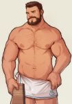  1boy abs arm_hair bara bare_pecs beard brown_hair bulge chest_hair cowboy_shot facial_hair large_pectorals leg_hair looking_to_the_side male_focus mature_male muscular muscular_male naked_towel navel navel_hair nipples original ryker short_hair smile solo stomach thighs towel 