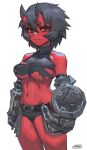  1girl armor belt black_belt black_hair black_shorts breasts colored_skin commentary cowboy_shot english_commentary gauntlets hair_between_eyes horns kidouko_(zakusi) large_breasts looking_at_viewer medium_hair micro_shorts navel oni oni_horns original parted_lips red_oni red_skin shield shorts signature simple_background solo standing torn_clothes underboob white_background yellow_eyes zakusi 