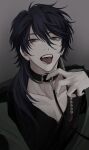 1boy arisugawa_dice bad_id bad_pawoo_id belt_collar black_hair brown_eyes collar fingernails grey_background hair_between_eyes hand_up highres hypnosis_mic leash little_mare long_sleeves looking_at_viewer male_focus open_mouth solo tongue tongue_out upper_body v-neck 