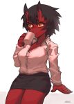  1girl black_hair black_skirt breasts cleavage collared_shirt colored_skin commentary cup fingernails formal hand_up holding holding_cup horns kidouko_(zakusi) large_breasts long_sleeves medium_hair mug office_lady oni oni_horns orange_eyes original pant_suit pencil_skirt red_oni red_skin shirt signature simple_background sitting skirt solo suit symbol_commentary white_background wing_collar zakusi 