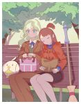  2girls absurdres alternate_costume bench blonde_hair blue_eyes blush broom brown_hair closed_eyes couple diana_cavendish embarrassed formal highres kagari_atsuko little_witch_academia mu_liu_zi multicolored_hair multiple_girls open_mouth shade sitting sleeping stuffed_toy suit surprised tree tree_shade two-tone_hair wavy_hair yuri 