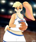  absurd_res almy anthro basketball blurred_background bodily_fluids clothing english_text female hi_res lagomorph leporid lola_bunny looney_tunes mammal rabbit shirt solo sweat text text_on_clothing text_on_shirt text_on_tank_top text_on_topwear topwear warner_brothers 