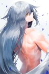  1girl back breasts commentary_request dodome_ichika eyes_visible_through_hair from_behind highres long_hair looking_at_viewer messy_hair muscular muscular_female original petals sidelocks silver_hair simple_background small_breasts solo undressing upper_body very_long_hair waka_(shark_waka) yellow_eyes 