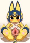  animal_crossing ankha_(animal_crossing) bandage blush bodily_fluids breasts domestic_cat felid feline felis female genital_fluids genitals hi_res looking_at_viewer mammal nezumi_(artist) nintendo pussy pussy_juice shadow solo spread_legs spread_pussy spreading video_games 