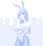  1girl animal_ears arts_club_president bangs bare_shoulders blush bow bowtie breast_hold breasts bunny_ears cleavage covered_navel crossed_arms crowd detached_collar eyebrows_visible_through_hair fake_animal_ears fishnet_legwear fishnets heavy_breathing highleg highleg_leotard highres huge_breasts ijiranaide_nagatoro-san impossible_clothes impossible_leotard leotard long_hair looking_away monochrome pantyhose playboy_bunny ponytail solo_focus sweat viperxtr 