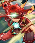  1girl breasts chest_jewel english_commentary glowing hair_over_one_eye headpiece highres holding holding_weapon john_crayton large_breasts lips mechanical_wings pyra_(xenoblade) red_eyes red_hair short_hair solo super_smash_bros. tagme tiara weapon wings xenoblade_chronicles_(series) xenoblade_chronicles_2 