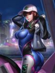  1girl ass baseball_cap bodysuit breasts brown_eyes brown_hair cowboy_shot curvy d.va_(overwatch) hair_bun hat headphones headphones_around_neck highres impossible_bodysuit impossible_clothes jacket large_breasts liang_xing looking_at_viewer overwatch photoshop_(medium) shooting_star_d.va skin_tight smile solo twisted_torso 