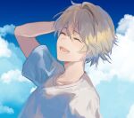  1boy ^_^ ^o^ arm_up blonde_hair blue_sky closed_eyes cloud doodle holostars kishido_temma male_focus open_mouth riri_zuran shirt short_hair sky smile solo upper_body virtual_youtuber white_shirt 