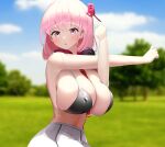  absurdres arms_up bangs between_breasts blue_archive blush bra breasts cleavage cloud eimi_(blue_archive) headphones highres huge_breasts necktie nicorima open_mouth parted_lips pink_hair purple_eyes short_hair skindentation skirt sky stretch sweat tree underwear upper_body 