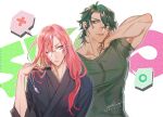  2boys brown_eyes cherry_blossom_(sk8) copyright_name dated fan folding_fan glasses green_hair green_shirt hair_over_one_eye highres holding holding_fan japanese_clothes joe_(sk8) kimono long_hair looking_at_another male_focus medium_hair multiple_boys muscular muscular_male shinemoe shirt signature simple_background sk8_the_infinity speech_bubble spoken_o spoken_x tied_hair upper_body yellow_eyes 