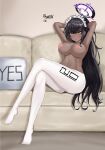  1girl 82jhin absurdres arms_behind_head blue_archive breasts couch dark_skin dark_skinned_female halo highres karin_(blue_archive) large_breasts maid maid_headdress nipples pantyhose topless white_legwear yellow_eyes yes yes-no_pillow 