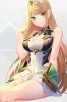  1girl bangs bare_legs bare_shoulders blonde_hair blush breasts chest_jewel cleavage cleavage_cutout closed_mouth clothing_cutout dress gem hands_in_hair headpiece highres large_breasts long_hair looking_at_viewer mythra_(xenoblade) poligon_(046) short_dress sitting sleeveless sleeveless_dress solo swept_bangs thigh_strap thighs tiara very_long_hair white_dress xenoblade_chronicles_(series) xenoblade_chronicles_2 yellow_eyes 
