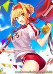  1girl ahoge blonde_hair fate/extra fate/grand_order fate_(series) flag fuyuki_(neigedhiver) green_eyes gym_uniform hairband holding holding_flag looking_at_viewer open_mouth playground red_hairband shirt sky solo 