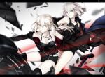  2girls absurdres artoria_pendragon_(all) bangs belt black_dress black_footwear black_jacket black_ribbon black_shirt black_shorts blue_coat boots breasts cleavage closed_mouth coat collarbone dress excalibur_morgan_(fate) eyebrows_visible_through_hair fate/grand_order fate_(series) floating_hair foo_(pixiv54892036) grin hair_between_eyes hair_ribbon hand_on_another&#039;s_shoulder highres holding holding_sword holding_weapon jacket jeanne_d&#039;arc_(alter)_(fate) jeanne_d&#039;arc_(fate)_(all) jewelry long_hair long_sleeves looking_at_viewer low_ponytail medium_breasts medium_hair motion_blur multiple_girls open_clothes open_coat open_jacket pendant ponytail ribbon riding saber_alter shirt short_dress short_shorts shorts silver_hair sleeveless sleeveless_dress sleeveless_shirt smile spaghetti_strap sword thigh_boots thighhighs v-shaped_eyebrows weapon white_belt yellow_eyes 