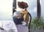  1boy alternate_costume bangs blues_(rockman) brown_coat brown_hair buttons cafe chair chikichi closed_mouth coat coffee commentary cup drink english_commentary gloves hand_up highres holding holding_cup indoors jpeg_artifacts long_sleeves male_focus menu mixed-language_commentary plant plate reading rockman rockman_3 scarf short_hair solo spoon steam sugar_bowl sunglasses swept_bangs table teacup white_gloves window yellow_scarf 