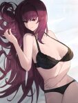  1girl absurdres bangs black_bra black_panties bra breasts cleavage closed_mouth eyebrows_visible_through_hair fate/grand_order fate_(series) hair_intakes highres hood_(james_x) lace-trimmed_bra lace_trim large_breasts lingerie long_hair looking_at_viewer lying navel on_side panties purple_hair red_eyes scathach_(fate) scathach_(fate)_(all) shadow sketch smile solo underwear underwear_only very_long_hair 