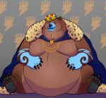  2018 5_fingers 5_toes absurd_res anthro arm_markings belly big_belly bjorn_(sturattyfur) bjornn black_claws blue_body blue_eyebrows blue_fur blue_markings brown_bear cape cape_only chest_tuft claws clothed clothing crown digital_media_(artwork) druid eyebrows eyes_closed facial_markings feet finger_claws fingers front_view full-length_portrait fur fur_markings fur_tuft grizzly_bear hand_on_stomach head_markings hi_res king magic_user male mammal markings moobs mostly_nude multicolored_body multicolored_fur obese obese_anthro obese_male overweight overweight_anthro overweight_male pattern_background pawpads portrait ring royalty simple_background smile solo thick_thighs toe_claws toes tribal tribal_markings tribal_spellcaster tuft ursid ursine 