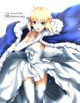  1girl :d absurdres ahoge artoria_pendragon_(all) bangs blonde_hair blue_cape braid braided_bun breasts cape character_name choker cleavage collarbone copyright_name dress elbow_gloves eyebrows_visible_through_hair fate/grand_order fate/stay_night fate_(series) floating_hair foo_(pixiv54892036) fur-trimmed_cape fur_trim gloves green_eyes grey_legwear hair_between_eyes highres huge_filesize looking_at_viewer open_mouth saber sleeveless sleeveless_dress small_breasts smile solo standing strapless strapless_dress thighhighs tied_hair wedding_dress white_background white_choker white_dress white_gloves 
