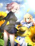  2girls :d absurdres ahoge artoria_pendragon_(all) black_capelet black_dress blonde_hair blue_ribbon blurry blurry_foreground capelet closed_mouth cloud copyright_name day dress dress_shirt fate/grand_order fate/stay_night fate_(series) field flower flower_field foo_(pixiv54892036) green_eyes hair_over_one_eye hair_ribbon hand_in_hair hat highres holding holding_clothes holding_hat huge_filesize long_sleeves looking_at_viewer mash_kyrielight medium_hair multiple_girls open_mouth outdoors pink_dress pink_hair purple_eyes ribbon saber shirt short_dress short_sleeves smile standing sun_hat sunflower white_shirt yellow_flower yellow_headwear 