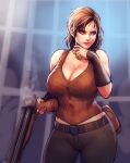 1girl absurdres bare_shoulders belt belt_buckle blurry blurry_background breasts brown_belt brown_hair brown_vest buckle buttons cait_(fallout_4) cleavage commentary curvy english_commentary erkaz fallout_(series) fallout_4 grey_pants gun highres holding holding_gun holding_weapon large_breasts lips pants parted_lips pouch short_hair shotgun sleeveless solo standing vest weapon yellow_eyes 