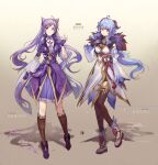  2girls adapted_costume blue_hair breasts brown_eyes character_name detached_sleeves dress eyebrows_visible_through_hair fingerless_gloves full_body ganyu_(genshin_impact) genshin_impact gloves hair_between_eyes highres horns keqing_(genshin_impact) kneehighs long_hair looking_at_viewer medium_breasts multiple_girls purple_eyes purple_hair standing thighhighs twintails velahka 