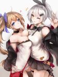  2girls ;p asymmetrical_docking black_jacket blonde_hair blue_eyes blush bow breast_press breasts choker cleavage fal_(girls&#039;_frontline) fingernails five-seven_(girls&#039;_frontline) girls&#039;_frontline grey_hair hair_bow hand_on_own_chest heart highres jacket lace lace_choker long_tail marche_mk14 medium_breasts multiple_girls notice_lines off_shoulder one_eye_closed ponytail purple_bow shirt smile spaghetti_strap strap_slip symmetrical_docking tail thighhighs thighs tongue tongue_out v white_background white_shirt 