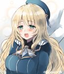  1boy 1girl admiral_(kancolle) atago_(kancolle) bangs blonde_hair blue_eyes blue_headwear blush breasts eyebrows_visible_through_hair fur_collar gloves hat hatomaru_(hatomaru56) kantai_collection long_hair massage military military_uniform open_mouth shoulder_massage sidelocks solo twitter_username uniform upper_body white_gloves 