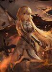  1girl absurdres armor armored_dress battlefield blonde_hair blue_eyes dress fate/apocrypha fate/grand_order fate_(series) flag headpiece highres holding holding_flag huge_filesize jeanne_d&#039;arc_(fate) jeanne_d&#039;arc_(fate)_(all) kyo_(maae00) long_hair solo standing tears very_long_hair 