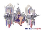  1girl absurdres artillery bare_shoulders blue_eyes breasts character_name cleavage dress french_flag grey_hair heart heart-shaped_pupils high_heels highres long_hair original personification purple_dress republique_(wows) rigging shoes simple_background symbol-shaped_pupils turret two-tone_footwear white_background world_of_warships yukiale 
