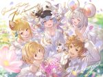  1boy 4girls animal_ears artist_request bare_shoulders blonde_hair blush bouquet bow breasts brown_eyes brown_hair cleavage cow cow_ears detached_sleeves djeeta_(granblue_fantasy) dog_ears draph dress earrings erune eyebrows fang flower formal gloves gran_(granblue_fantasy) granblue_fantasy grin hair_bow hair_flower hair_ornament hairclip highres horns jewelry large_breasts long_hair looking_at_viewer mouse_ears multiple_girls open_mouth red_eyes salute shatola_(granblue_fantasy) short_hair silver_eyes smile suit vajra_(granblue_fantasy) vikala_(granblue_fantasy) white_dress white_gloves white_suit 