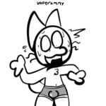  1:1 anthro bulge clothing domestic_cat felid feline felis fur looking_at_viewer low_res male mammal monochrome open_mouth simple_background solo solo_focus surprise surprised_expression thigh_gap underwear vaporammy 