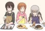  3girls apron black_shirt blue_apron blue_eyes bowl brown_apron brown_eyes brown_hair casual chocolate collared_shirt commentary cookie cooking eyebrows_visible_through_hair food girls_und_panzer hood hood_down hoodie itsumi_erika light_frown long_sleeves looking_at_another macaron medium_hair model_tank multiple_girls mutsu_(layergreen) nishizumi_maho nishizumi_miho pastry_bag pink_hoodie shirt siblings silver_hair sisters sleeves_rolled_up sparkle standing stuffed_animal stuffed_toy teddy_bear valentine yellow_apron 