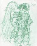  absurd_res accipitrid accipitriform army_uniform avian azul_(artist) battleborn beak benedict_(battleborn) bird bulge clothing dialogue feathered_wings feathers green_and_white hi_res jockstrap monochrome partial_nudity simple_background three-quarter_view underwear white_background winged_arms wings 