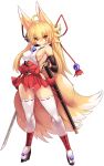  1girl animal_ears black_gloves blonde_hair breasts closed_mouth commentary_request eyebrows_visible_through_hair fingerless_gloves fox_ears fox_tail full_body gloves highres izuna_(shinrabanshou) karukan_(monjya) large_breasts long_hair looking_at_viewer red_eyes shinrabanshou sideboob simple_background smile solo standing tail thick_eyebrows thighhighs white_background white_legwear 