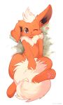  ambiguous_gender ancesra blush canid canine eeveelution feral flareon fur hair hi_res looking_at_viewer lying mammal nintendo open_mouth pawpads pok&eacute;mon pok&eacute;mon_(species) red_body red_fur simple_background smile solo text tuft video_games white_body white_fur 