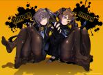  2girls 404_logo_(girls_frontline) :3 armband black_jacket brown_eyes brown_hair chromatic_aberration crossed_legs fingerless_gloves full_body girls_frontline gloves gun h&amp;k_ump highres holding holding_gun holding_weapon jacket legs looking_at_viewer magazine_(weapon) multiple_girls no_shoes one_side_up panties panties_under_pantyhose pantyhose ryuu_tou scar scar_across_eye shaded_face sitting smile submachine_gun thighband_pantyhose twintails ump45_(girls_frontline) ump9_(girls_frontline) underwear weapon yellow_background yellow_eyes 