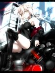  1girl absurdres ahoge artoria_pendragon_(all) black_footwear black_jacket black_ribbon black_shirt black_shorts blurry blurry_background boots breasts clothes_down fate/grand_order fate_(series) floating_hair foo_(pixiv54892036) french_text from_below frown ground_vehicle hair_between_eyes hair_ribbon highres jacket jewelry long_hair looking_at_viewer medium_breasts motor_vehicle motorcycle night open_clothes open_jacket outdoors pendant ponytail ribbon saber_alter shirt short_shorts shorts silver_hair sleeveless sleeveless_shirt solo spaghetti_strap thigh_boots thighhighs yellow_eyes 